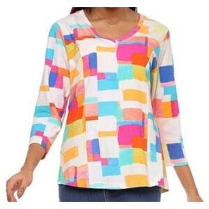 Parsley & Sage Wallis Vneck Top Colorful Boho Art to Wear Funky sz M 3/4 Sleeve